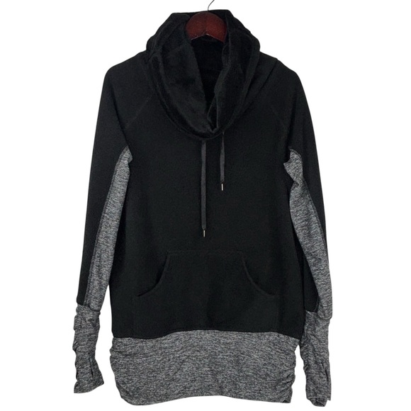 lululemon athletica Tops - Lululemon Don’t Hurry Be Happy Black & Heather Grey Cowl Neck Fleece Pullover 6
